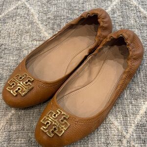 Tory Burch Reva Flats Brown Leather Ballet Flats with Gold Accent